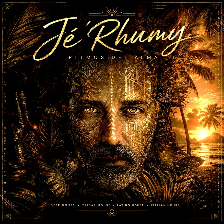 Ritmos del Alma — portada del álbum de Jé'Rhumy: retrato tribal dorado enmarcado por follaje de jungla y un atardecer tropical