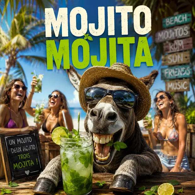 Mojito Mojita — portada del sencillo de Jé'Rhumy: un burro con sombrero de paja y gafas de sol en un chiringuito