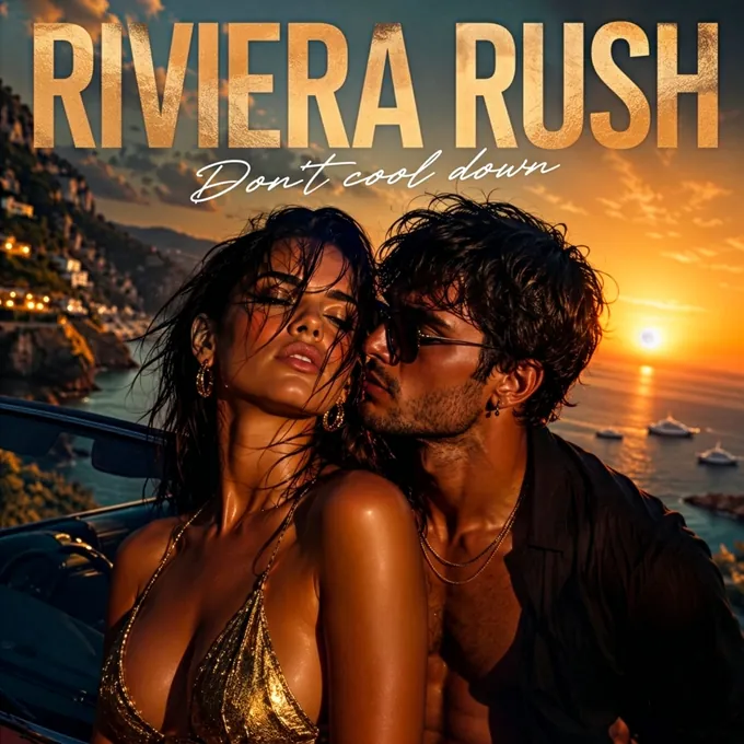 Riviera Rush (Don't cool down) — portada del sencillo de Jé'Rhumy: una pareja en descapotable en la costa italiana al atardecer