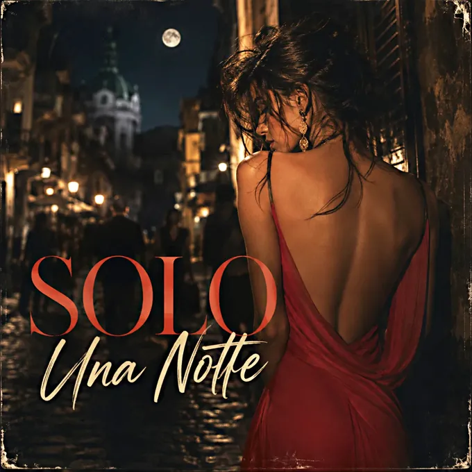 Solo Una Notte — portada del sencillo de Jé'Rhumy: una mujer de vestido rojo en un callejón del casco viejo a la luz de la luna